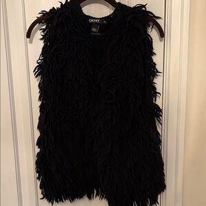 DKNY Black Wool Shaggy Fringe Vest Sz M/L